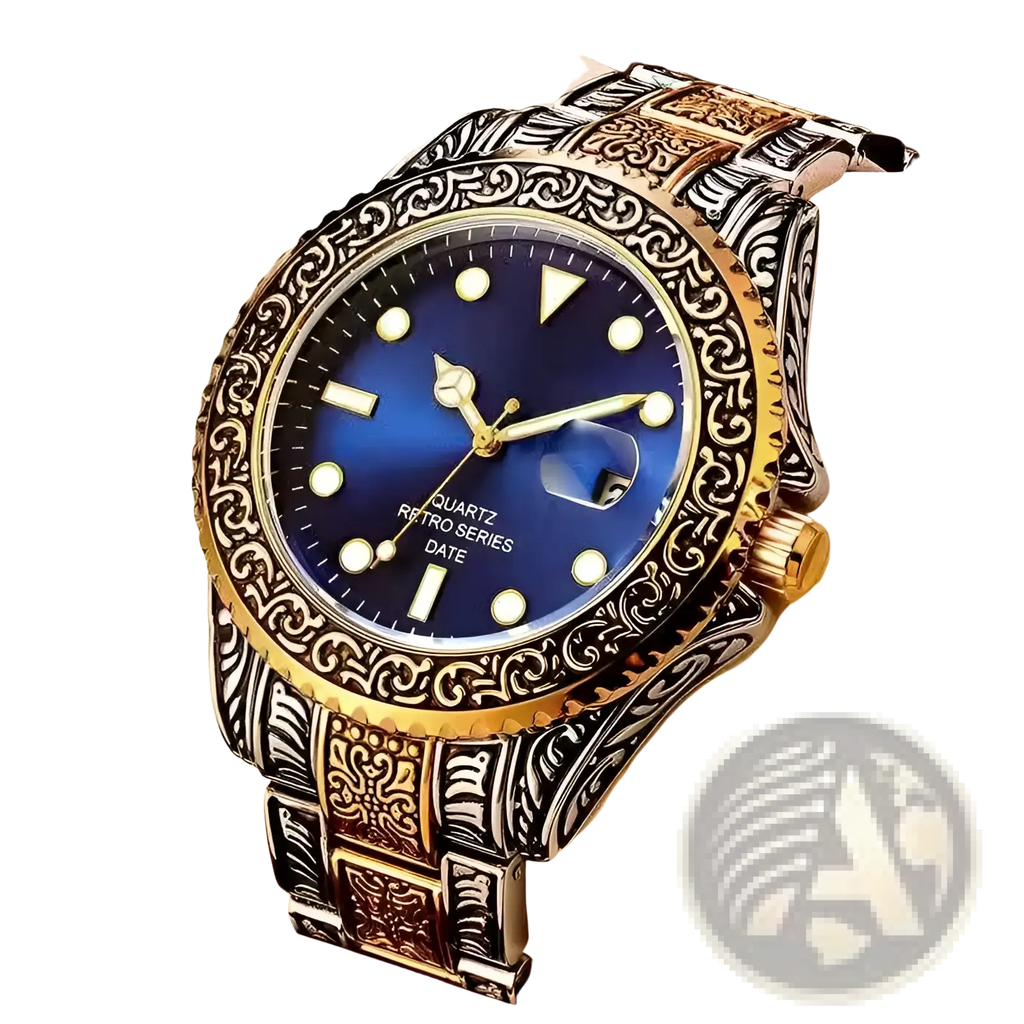 Men quartz engraved luxury stainless steel wristwatch with two-tone bracelet and deep blue dial with gold hands