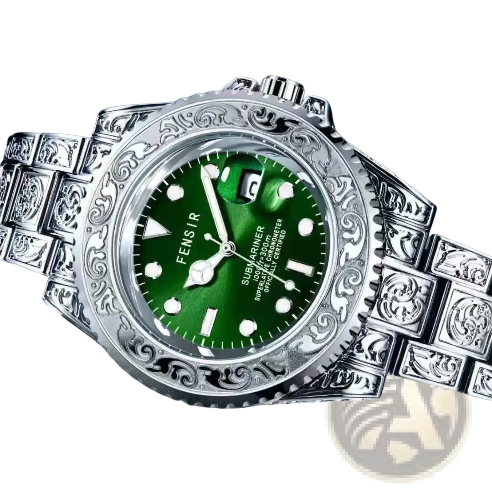 Men quartz engraved luxury stainless steel wristwatch with ornate silver case and bracelet and vibrant green dial