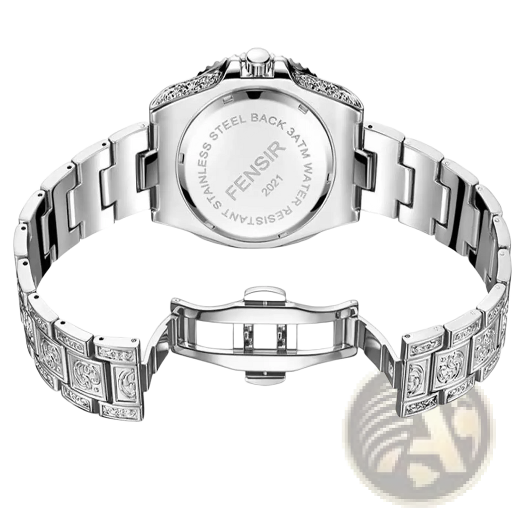 Men quartz engraved luxury stainless steel wristwatch with silver band featuring intricate patterns and embedded crystals
