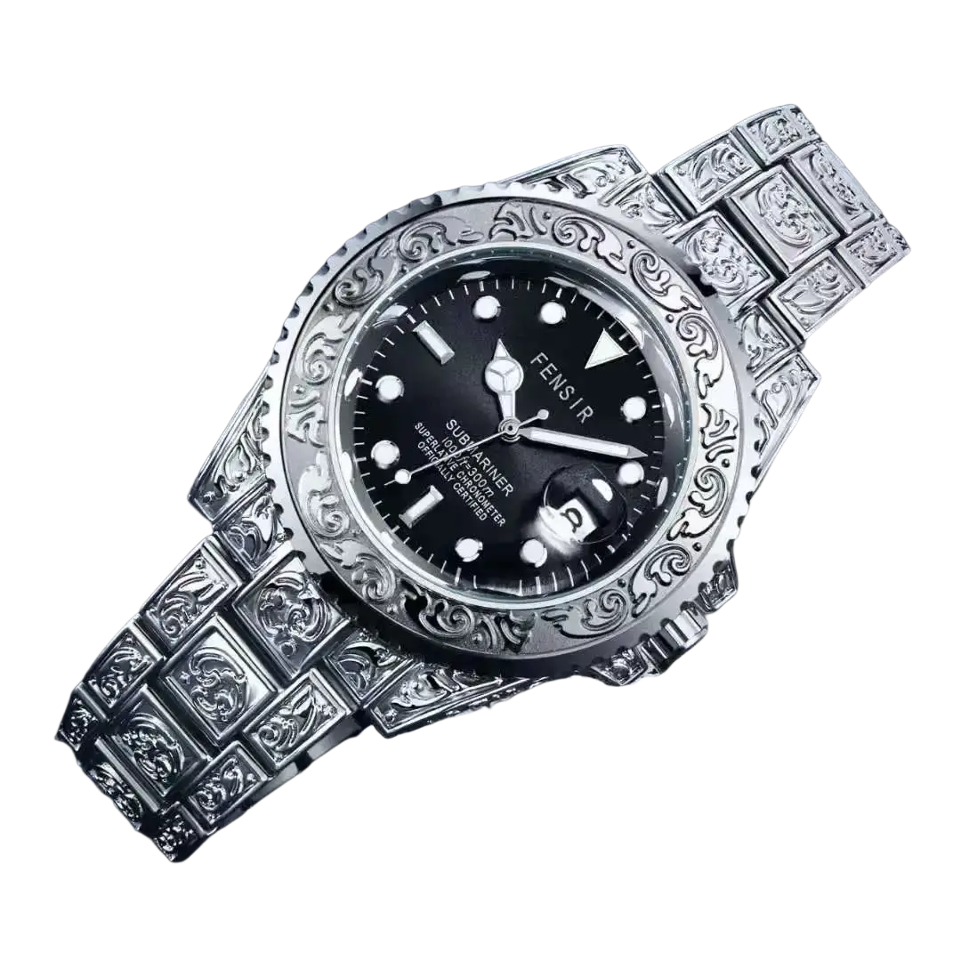 Men quartz engraved luxury stainless steel wristwatch with silver case and bracelet, black dial, white markers, and date window