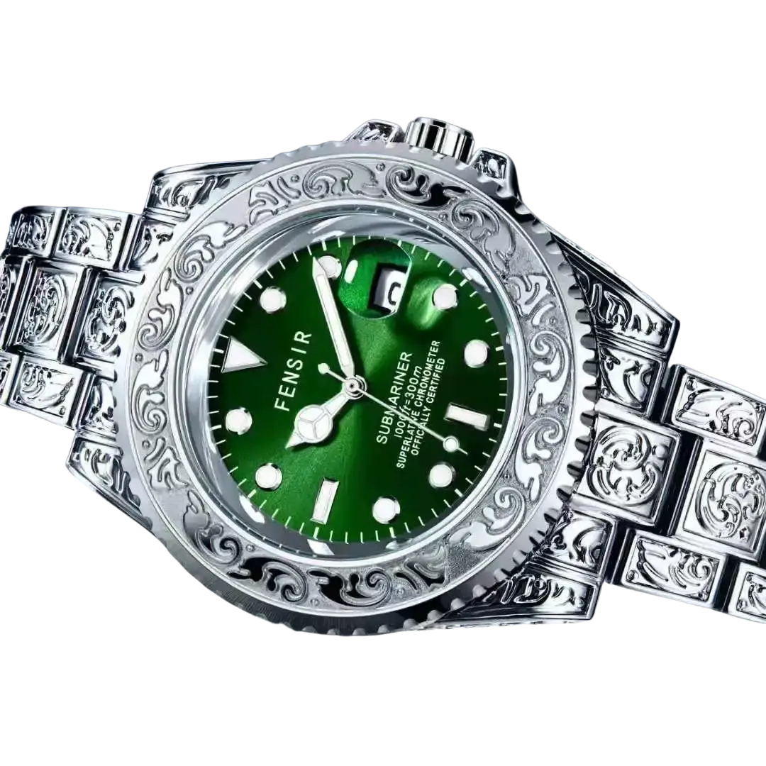 Men quartz engraved luxury stainless steel wristwatch with a silver fensir submariner case and vibrant green dial