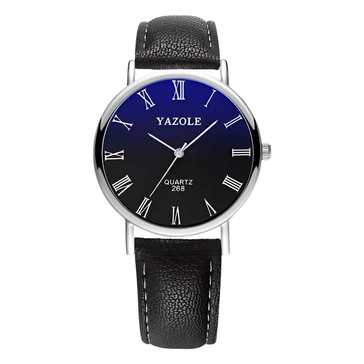 Men quartz leather watch by yazole with black leather strap silver case and blue to black gradient dial with roman numerals