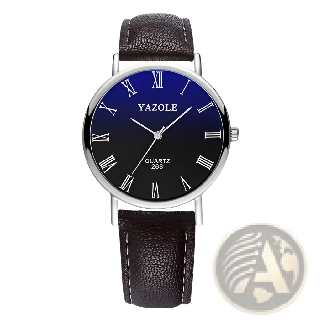 Men quartz leather watch with gradient blue to black dial silver roman numerals stainless steel case and brown straps
