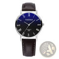Men quartz leather watch with gradient blue to black dial silver roman numerals stainless steel case and brown straps