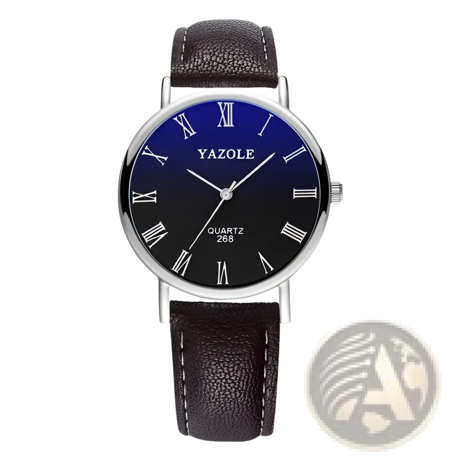 Men quartz leather watch with gradient blue to black dial silver roman numerals stainless steel case and brown straps