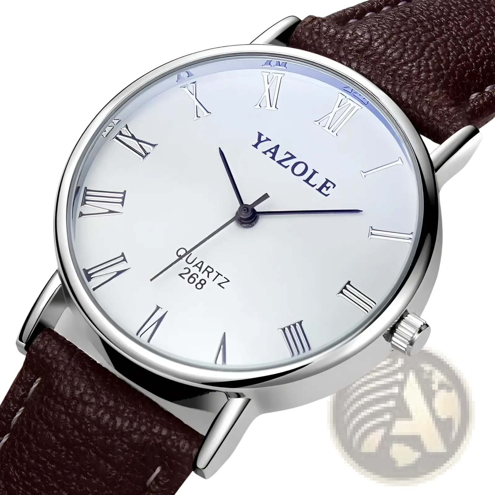 Men quartz casual business watch silver-toned yazole with white dial roman numerals and brown leather strap