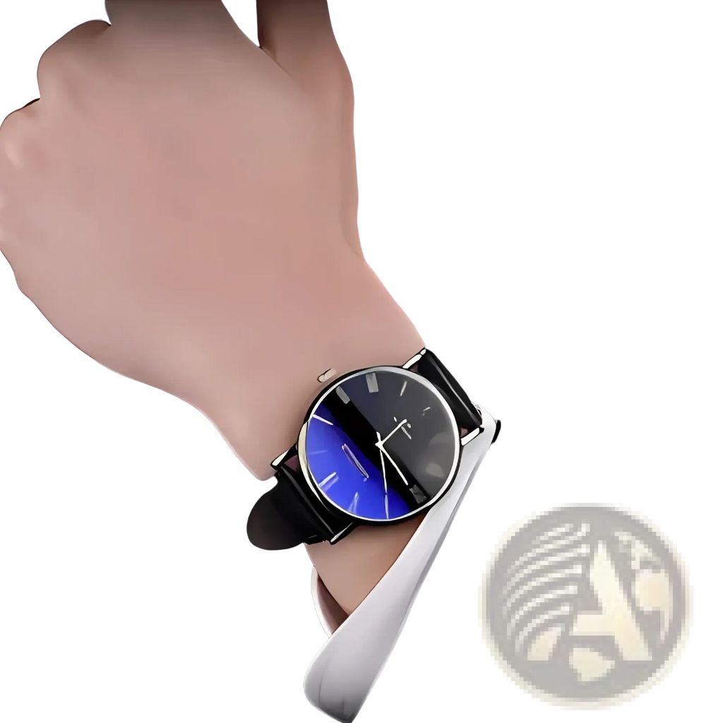 A men quartz leather watch with a sleek black and blue gradient dial, silver-toned case, and black leather strap