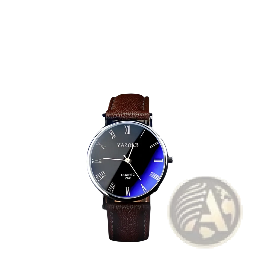 Men quartz leather watch with sleek black and blue gradient dial, roman numerals, silver case, and brown strap for casual business