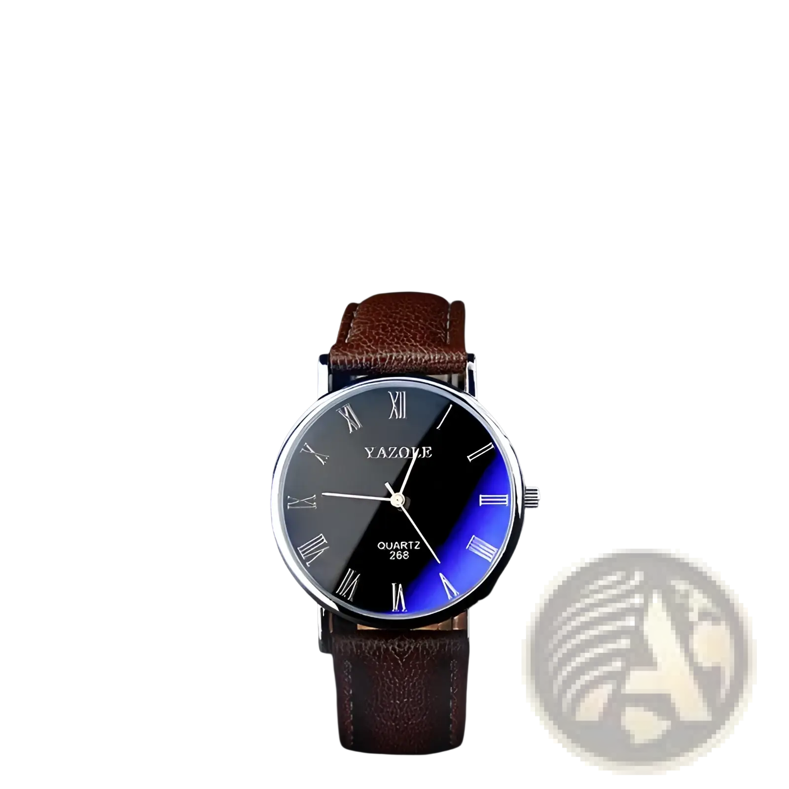 Men quartz leather watch with sleek black and blue gradient dial, roman numerals, silver case, and brown strap for casual business