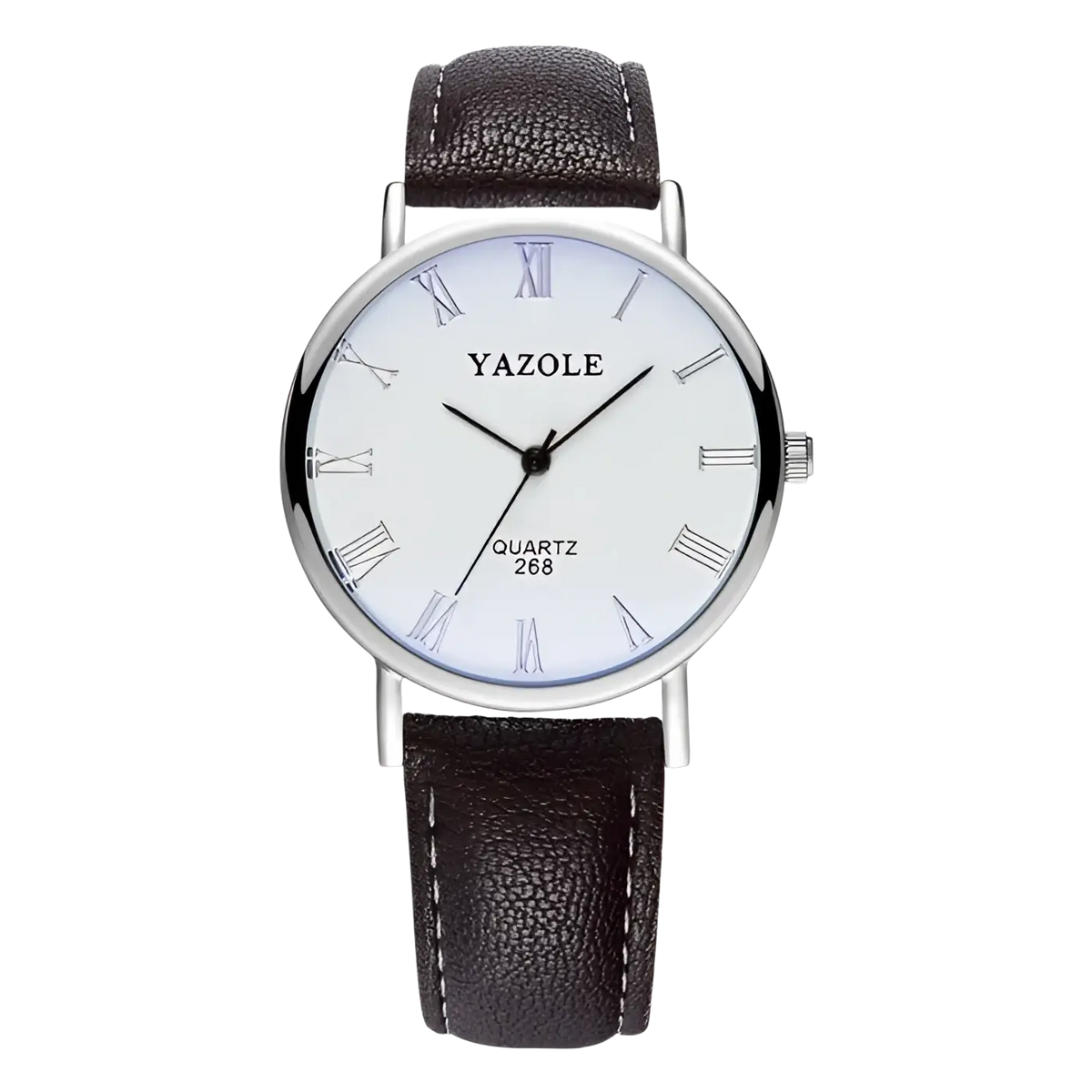 A sleek silver-toned yazole men quartz leather watch with white dial black roman numerals and dark brown strap