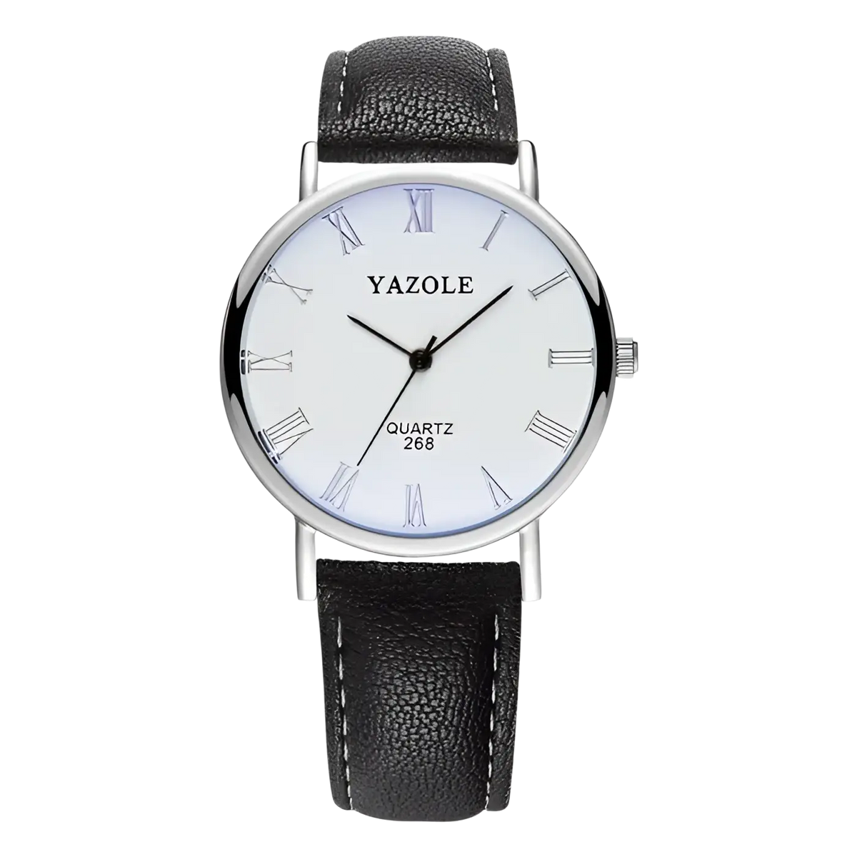 A sleek silver-toned yazole mens quartz leather watch with a white dial and roman numeral markers for casual business use