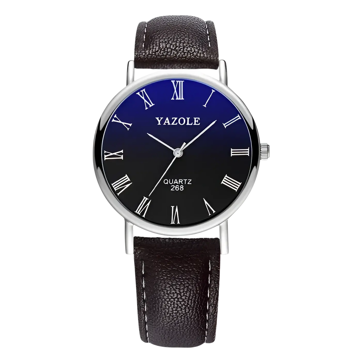 Men quartz leather watch with gradient blue to black dial silver roman numerals stainless steel case and brown straps