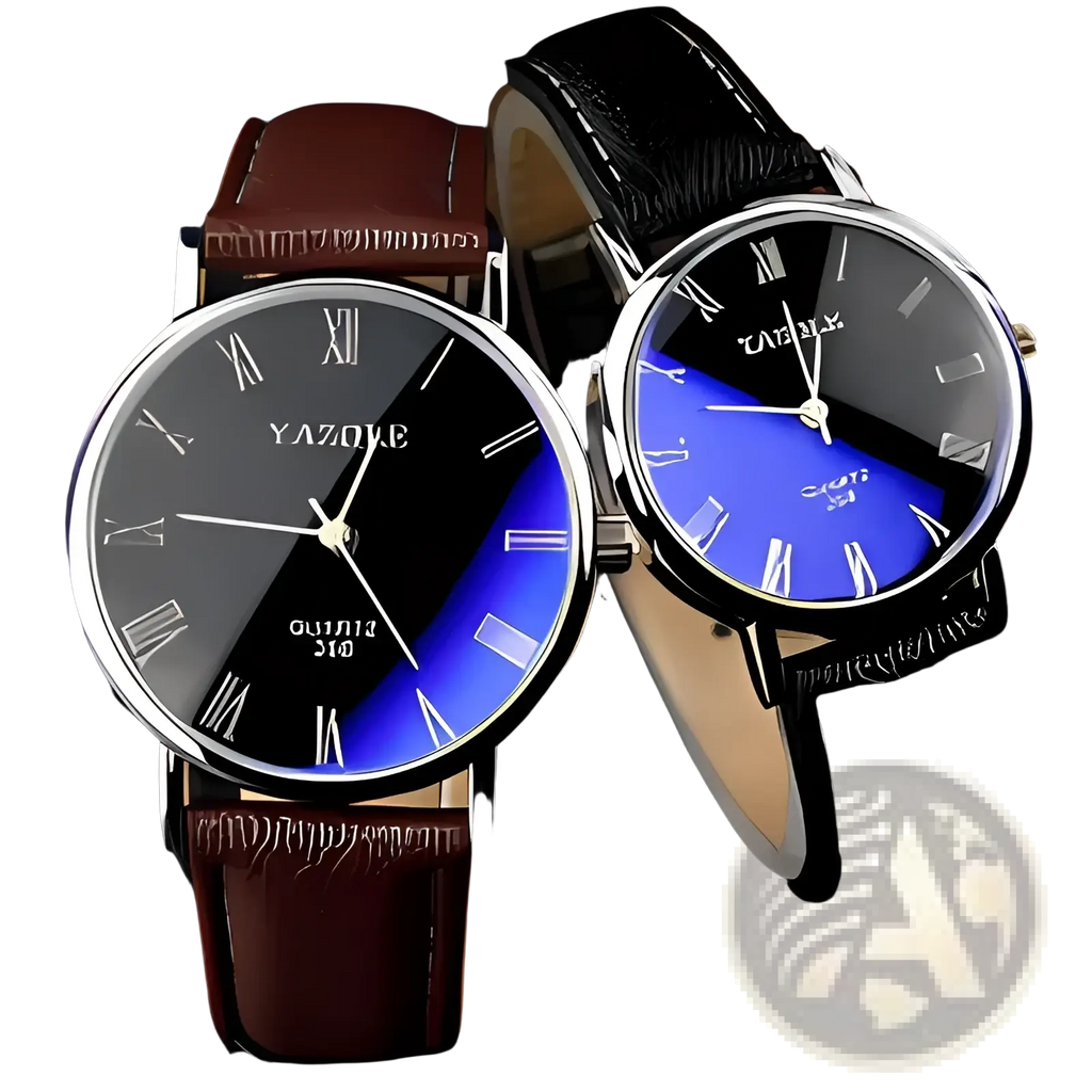 Two yazque men quartz leather watches with gradient black and vibrant blue dials for casual business use