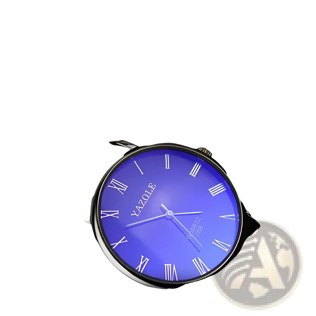 Men quartz leather watch by Yazole with vibrant blue gradient dial silver Roman numeral markers and brown strap