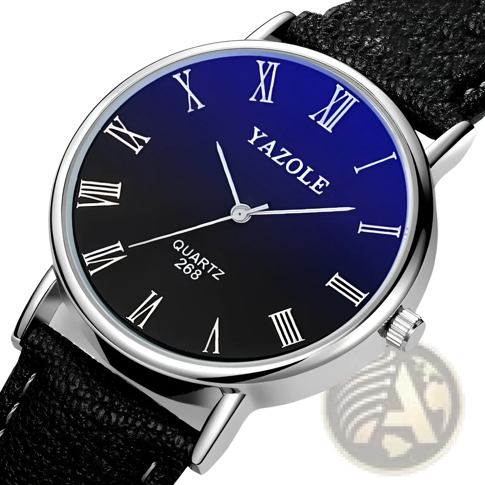 Men quartz leather watch by Yazole with gradient blue to black dial, silver roman numerals, and textured leather strap