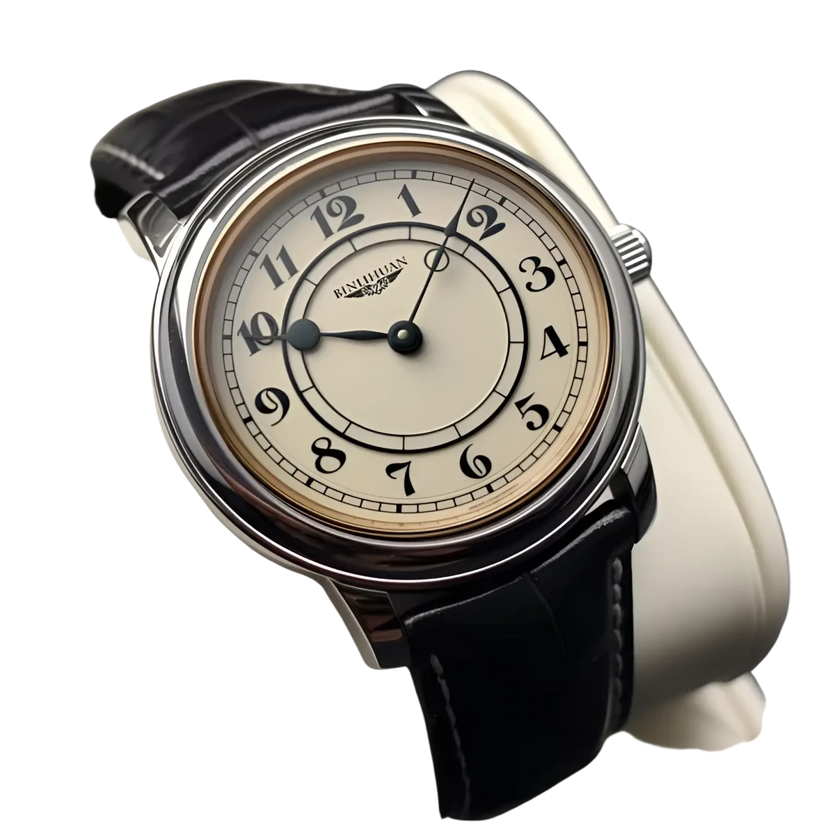Men quartz leather watch with silver case cream dial black arabic numerals and sleek black leather strap