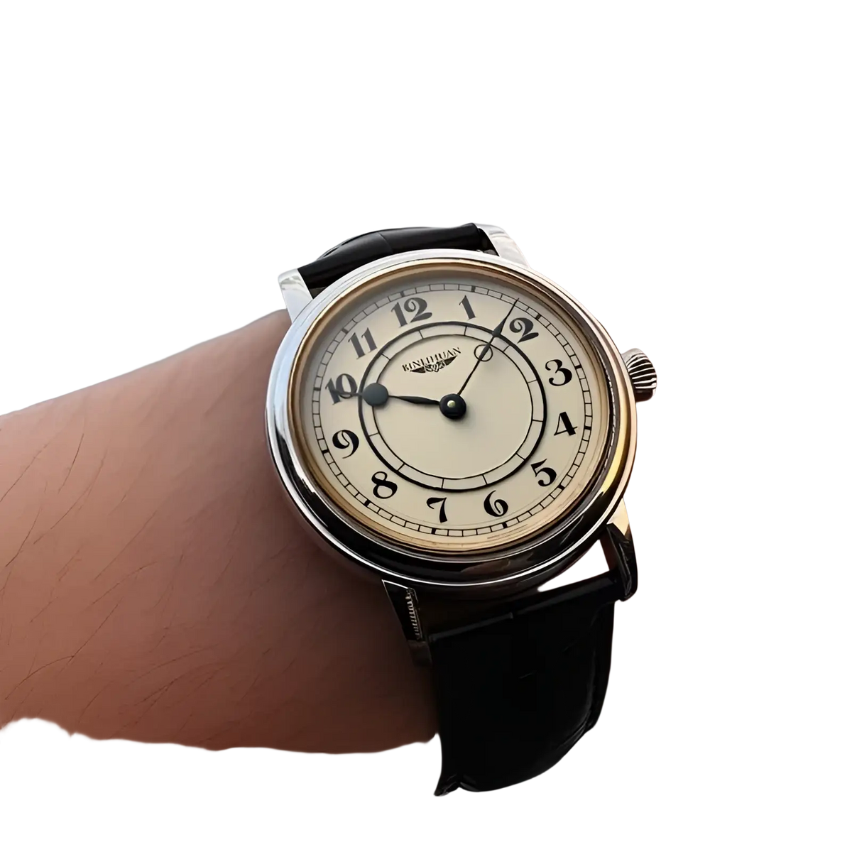 Men quartz leather watch with silver case, cream dial, black arabic numerals and sleek black leather strap