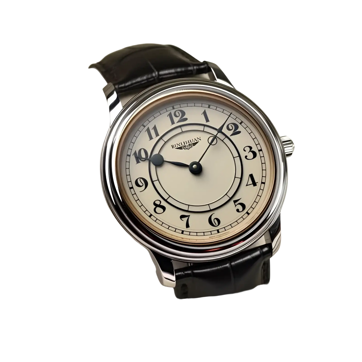 Men quartz leather watch silver cream dial with black arabic numerals in stainless steel case and dark brown strap