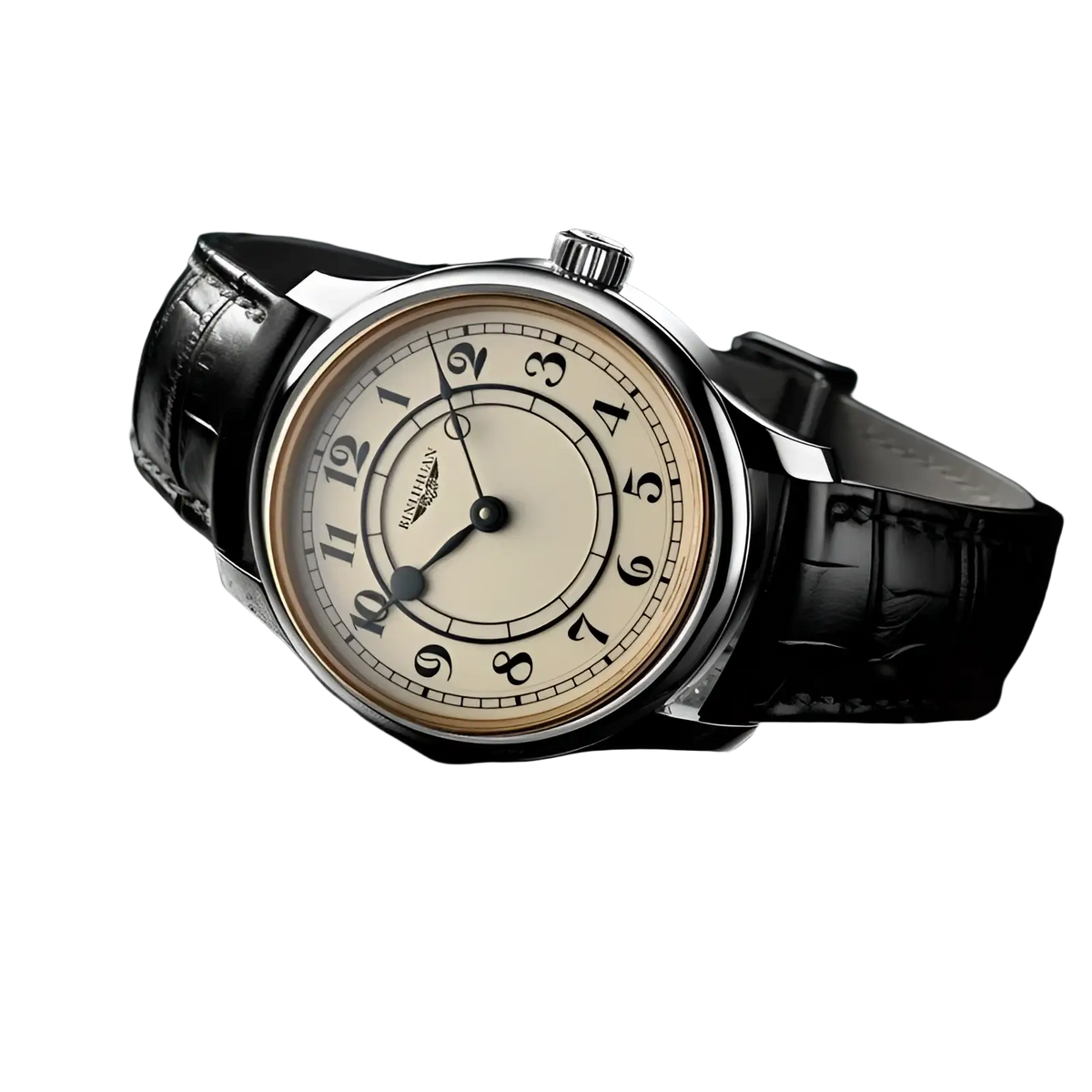 Men quartz leather watch silver with cream dial black arabic numerals and textured black leather strap