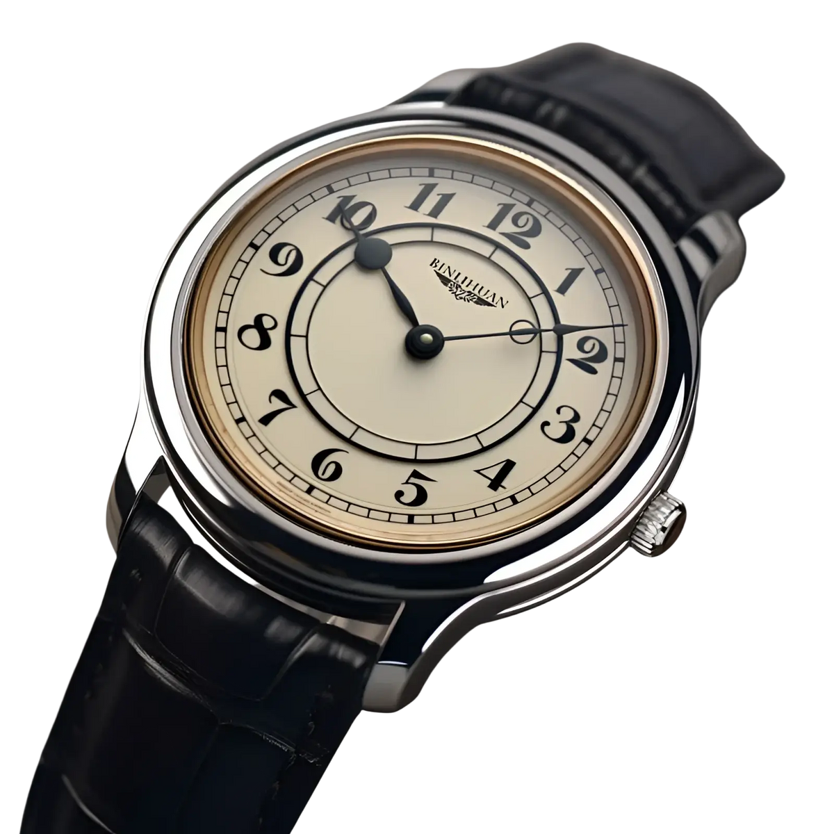 A men quartz leather watch with a silver case, cream dial, black arabic numerals, and black alligator strap