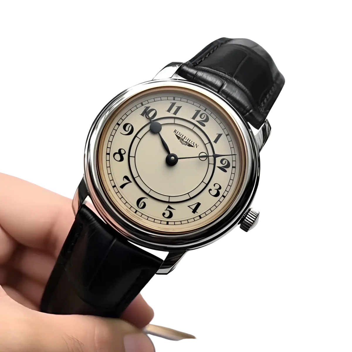 Men quartz leather watch silver cream dial featuring a classic silver-toned case black arabic numerals and black strap