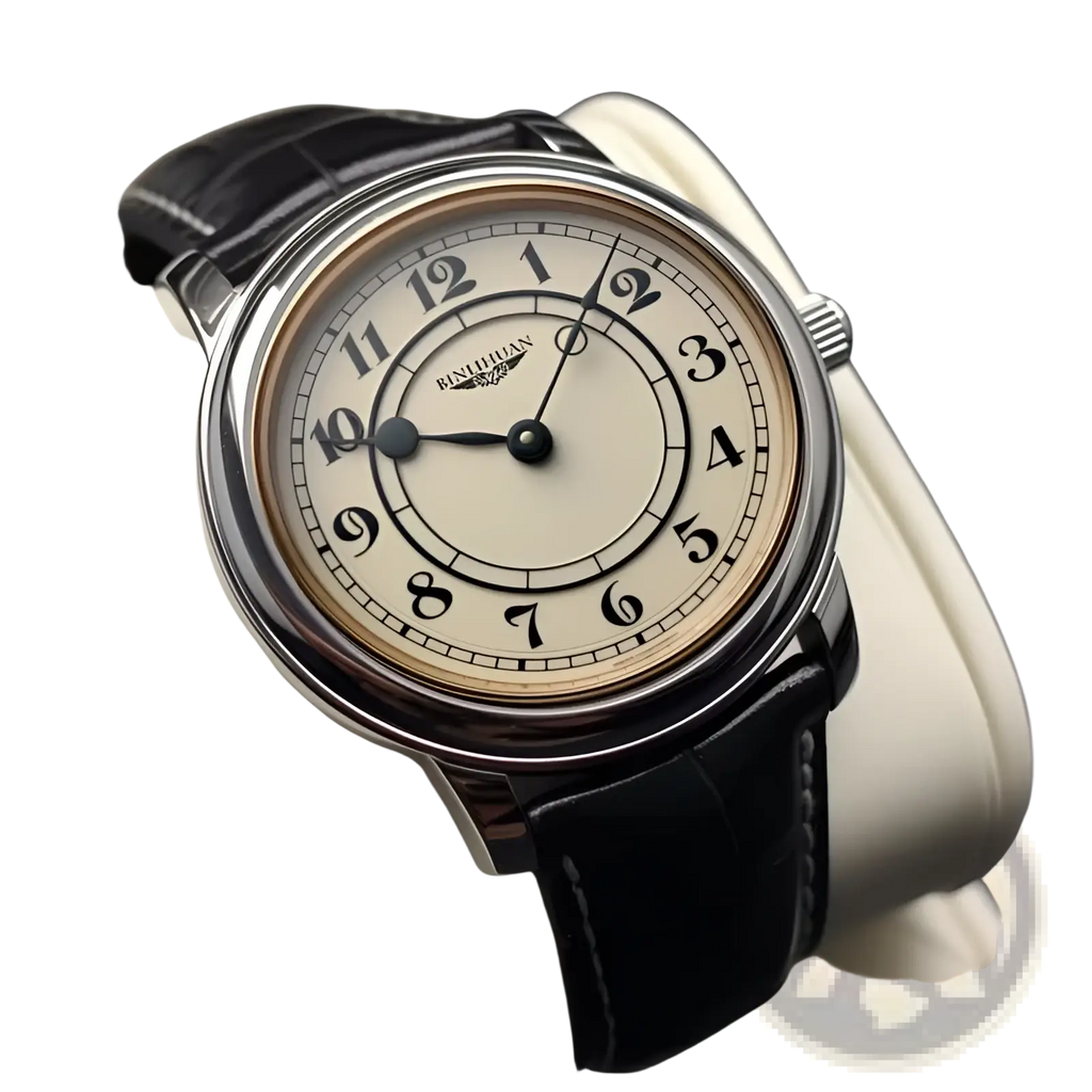 Men quartz leather watch with silver case cream dial black arabic numerals and sleek black leather strap
