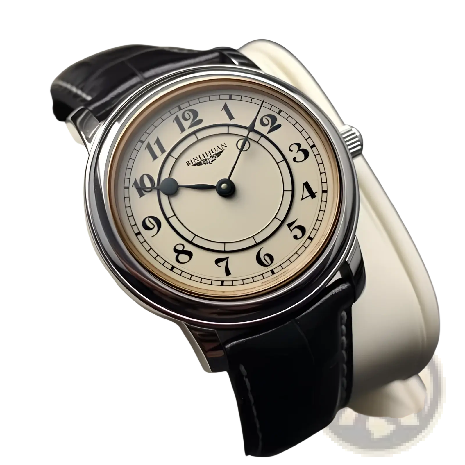Men quartz leather watch with silver case cream dial black arabic numerals and sleek black leather strap