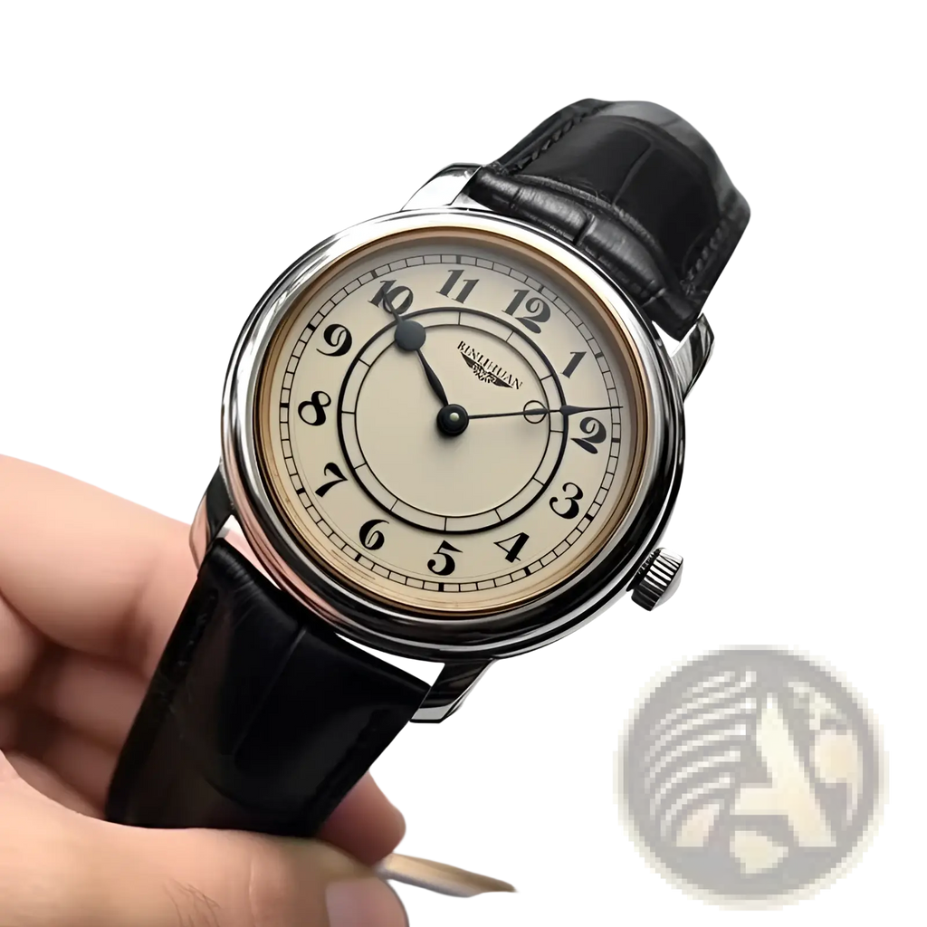 Men quartz leather watch silver cream dial featuring a classic silver-toned case black arabic numerals and black strap