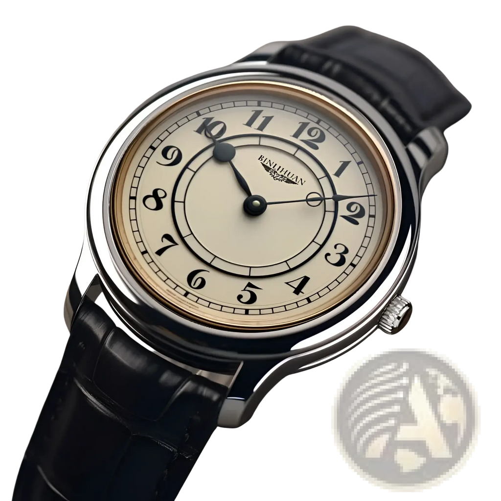 A men quartz leather watch with a silver case, cream dial, black arabic numerals, and black alligator strap