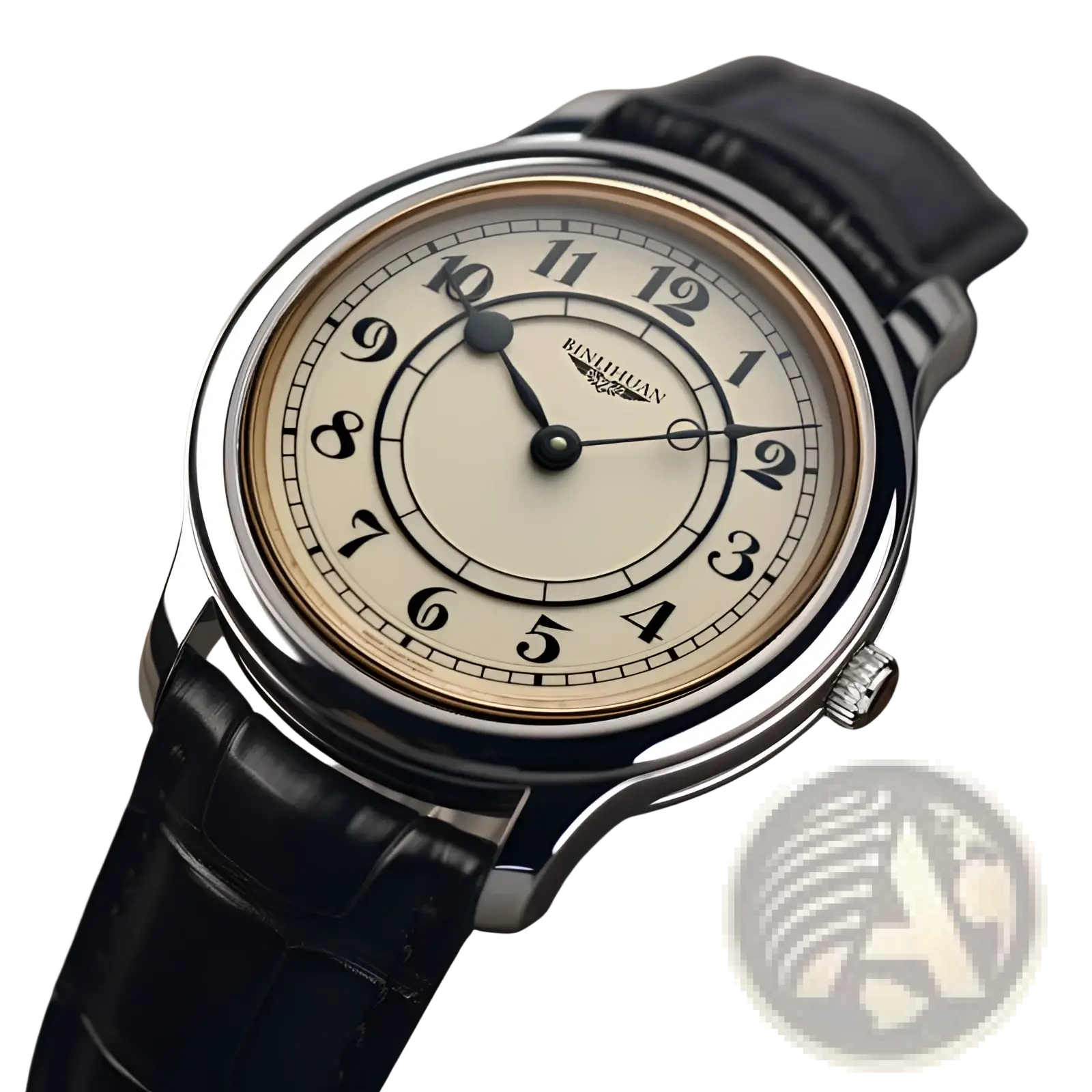 A men quartz leather watch with a silver case, cream dial, black arabic numerals, and black alligator strap