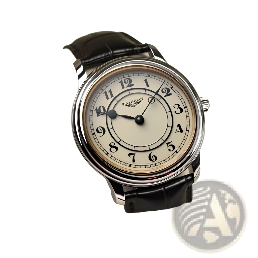Men quartz leather watch silver cream dial with black arabic numerals in stainless steel case and dark brown strap