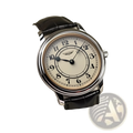 Men quartz leather watch silver cream dial with black arabic numerals in stainless steel case and dark brown strap