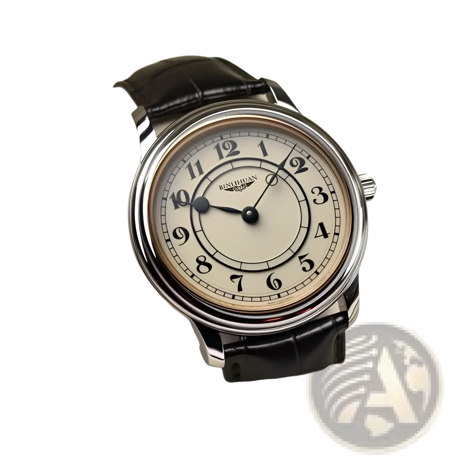 Men quartz leather watch silver cream dial with black arabic numerals in stainless steel case and dark brown strap