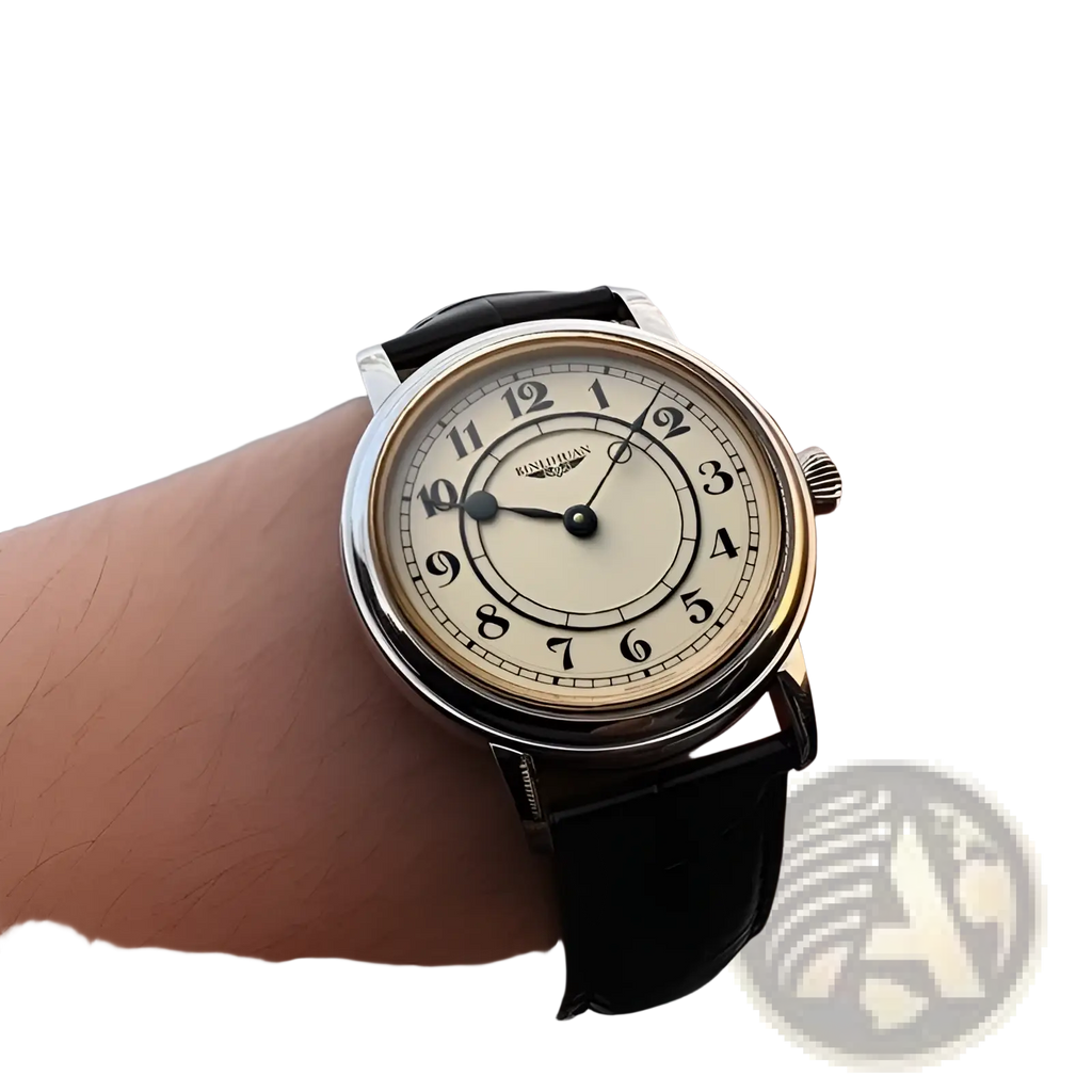 Men quartz leather watch with silver case, cream dial, black arabic numerals and sleek black leather strap