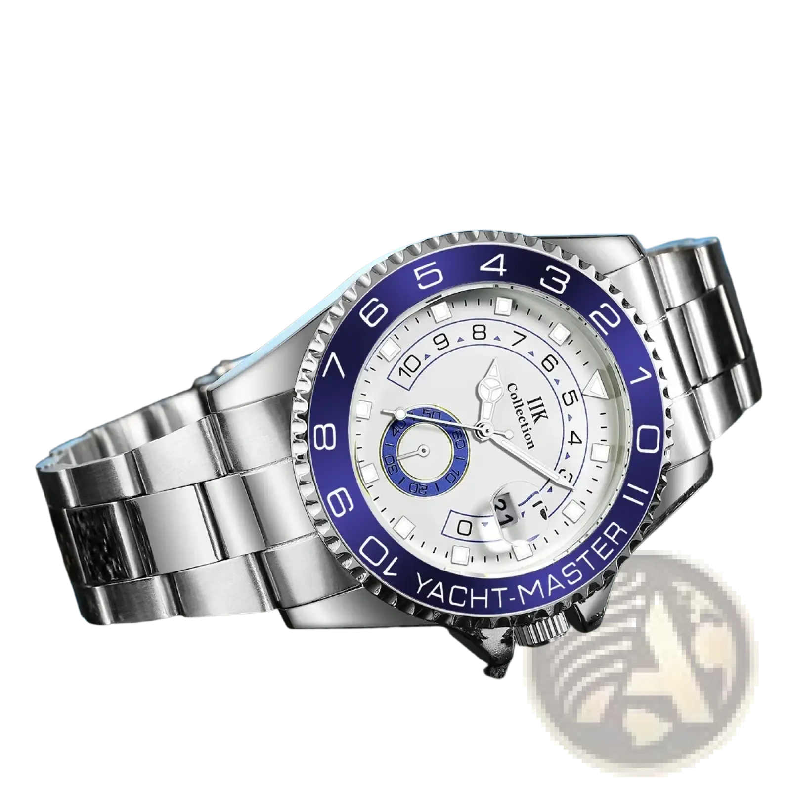 Men quartz steel watch featuring a silver stainless steel case, white dial, and blue yacht master bezel with subdials