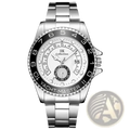 Silver-toned men quartz steel yacht master sports wristwatch with white dial black bezel markings and stainless steel bracelet