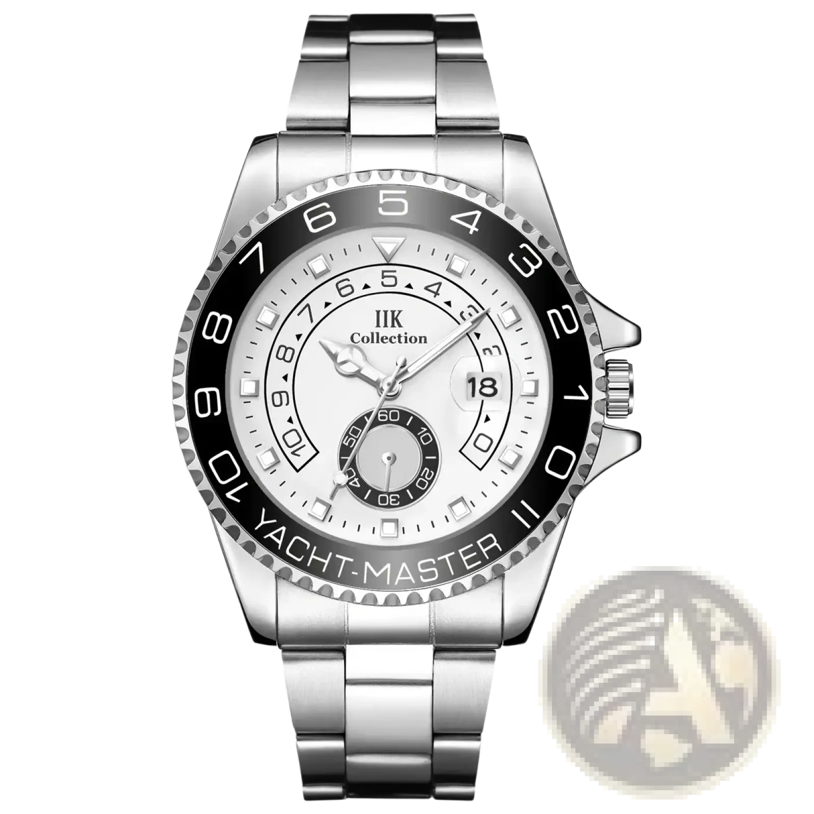 Silver-toned men quartz steel yacht master sports wristwatch with white dial black bezel markings and stainless steel bracelet