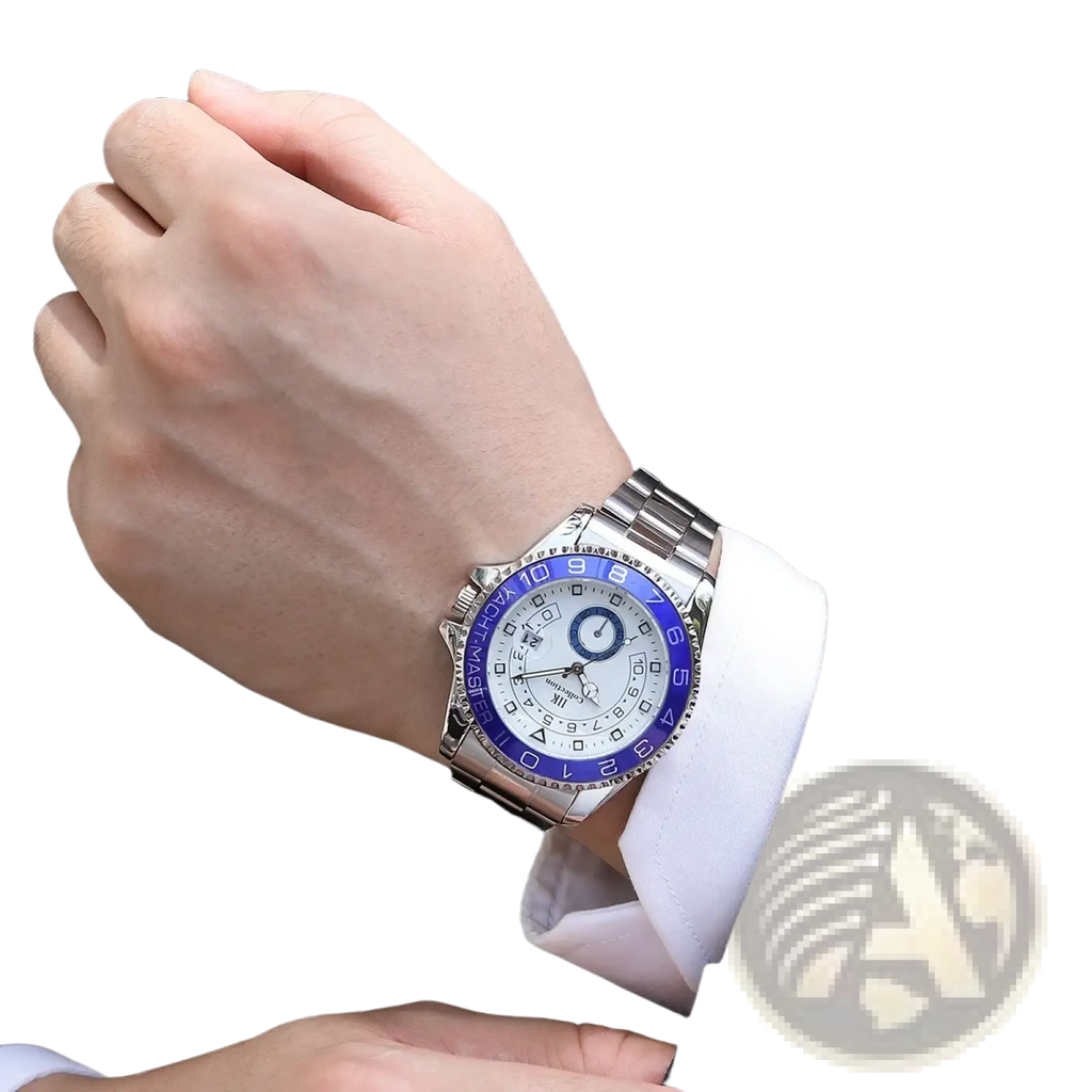 Men quartz steel watch silver yacht master sports wristwatch with a sleek silver stainless steel case and bold blue bezel