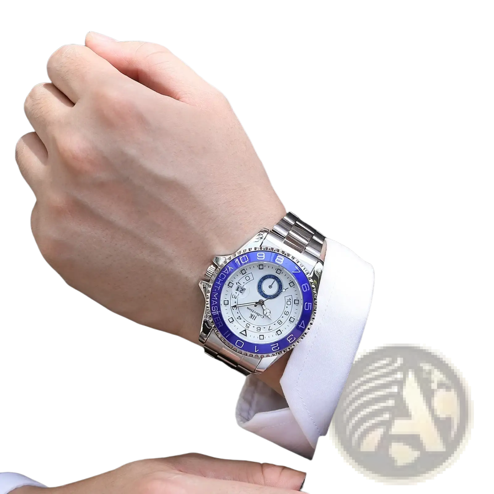Men quartz steel watch silver yacht master sports wristwatch with a sleek silver stainless steel case and bold blue bezel