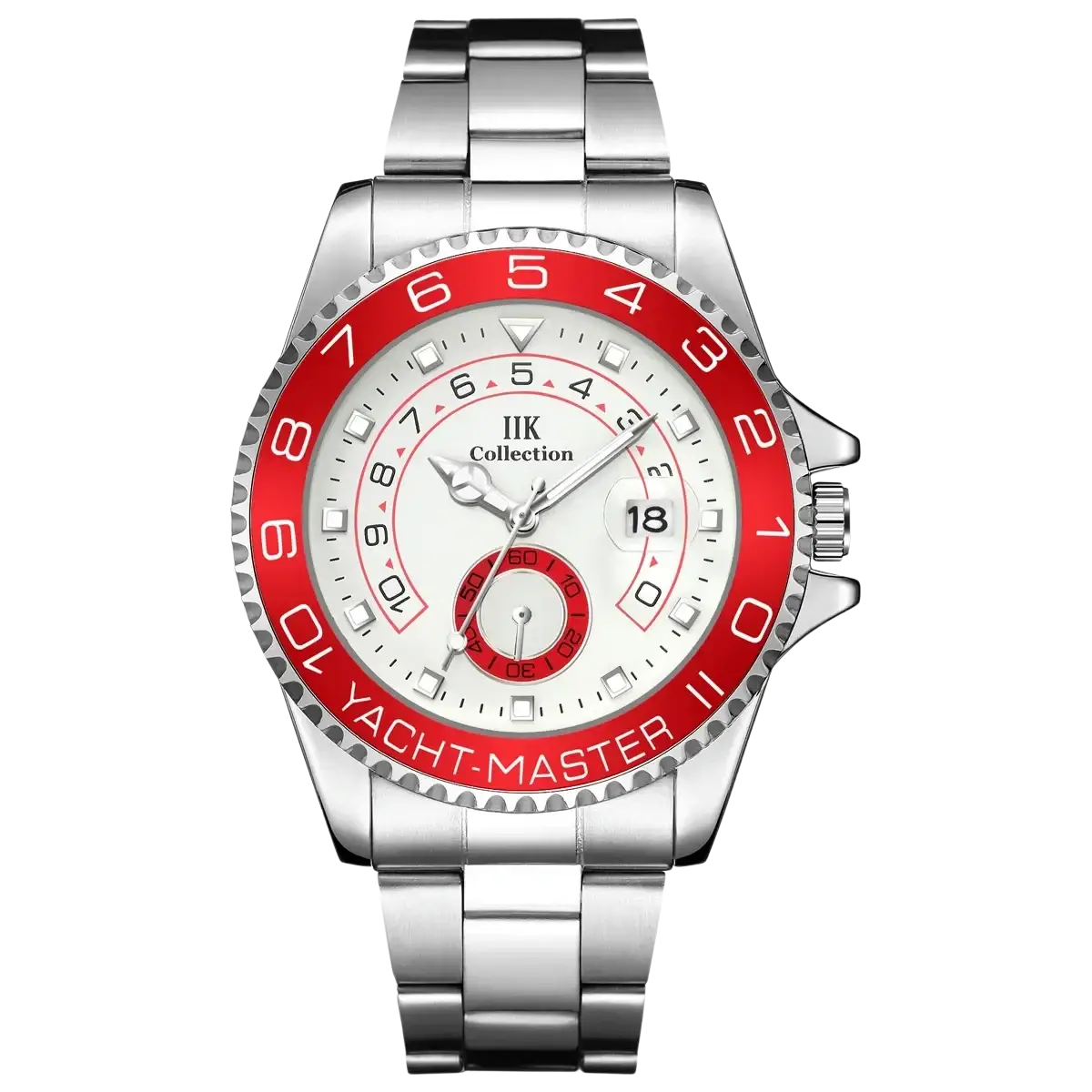Men quartz steel yacht master sports wristwatch with silver stainless steel case, red bezel, and white dial with black markers