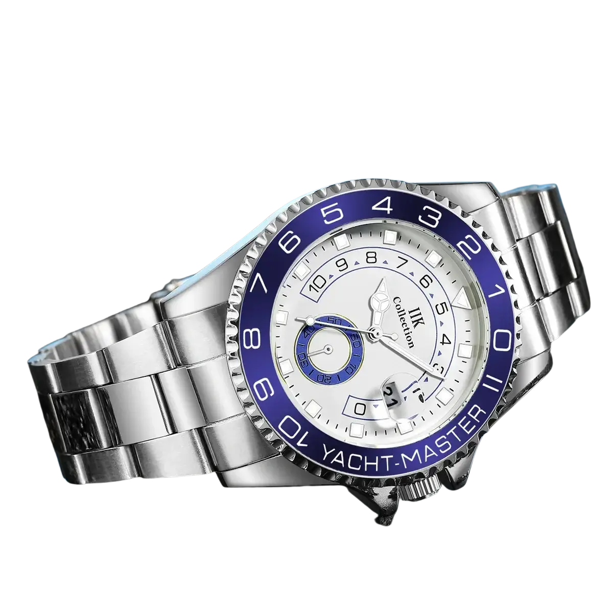 Men quartz steel watch featuring a silver stainless steel case, white dial, and blue yacht master bezel with subdials
