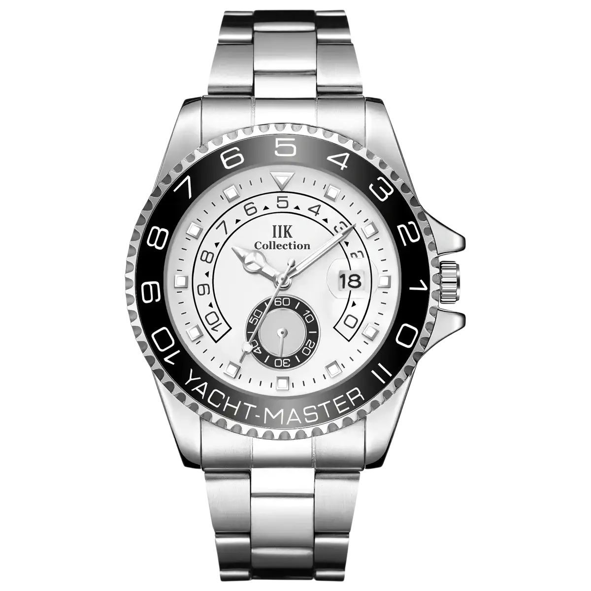 Silver-toned men quartz steel yacht master sports wristwatch with white dial black bezel markings and stainless steel bracelet