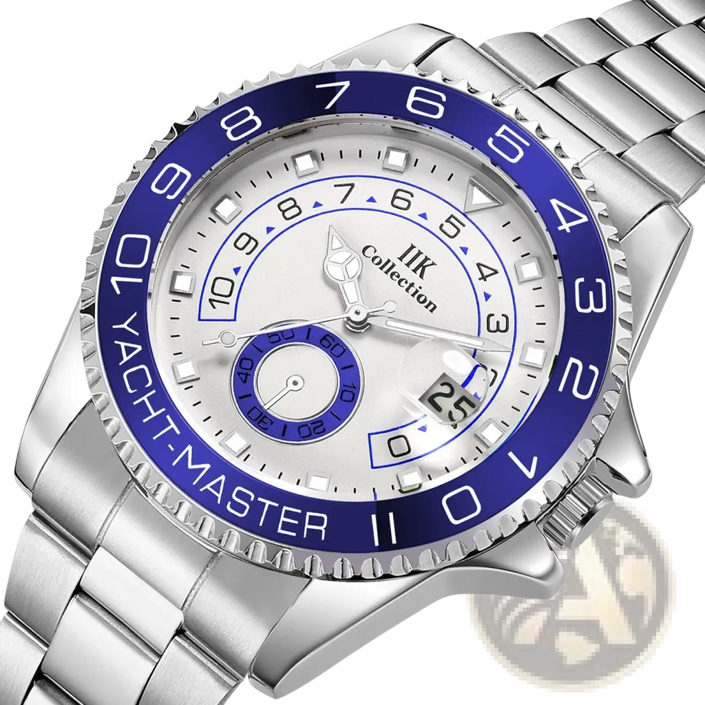 Men quartz steel yacht master sports wristwatch with silver stainless steel, white dial, bold blue bezel, and date display