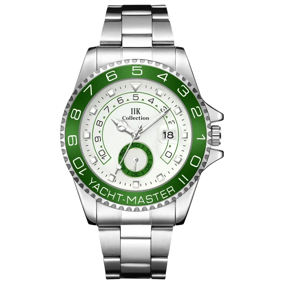Men quartz steel yacht master sports wristwatch with silver tone, vibrant green bezel, and white dial with black markers