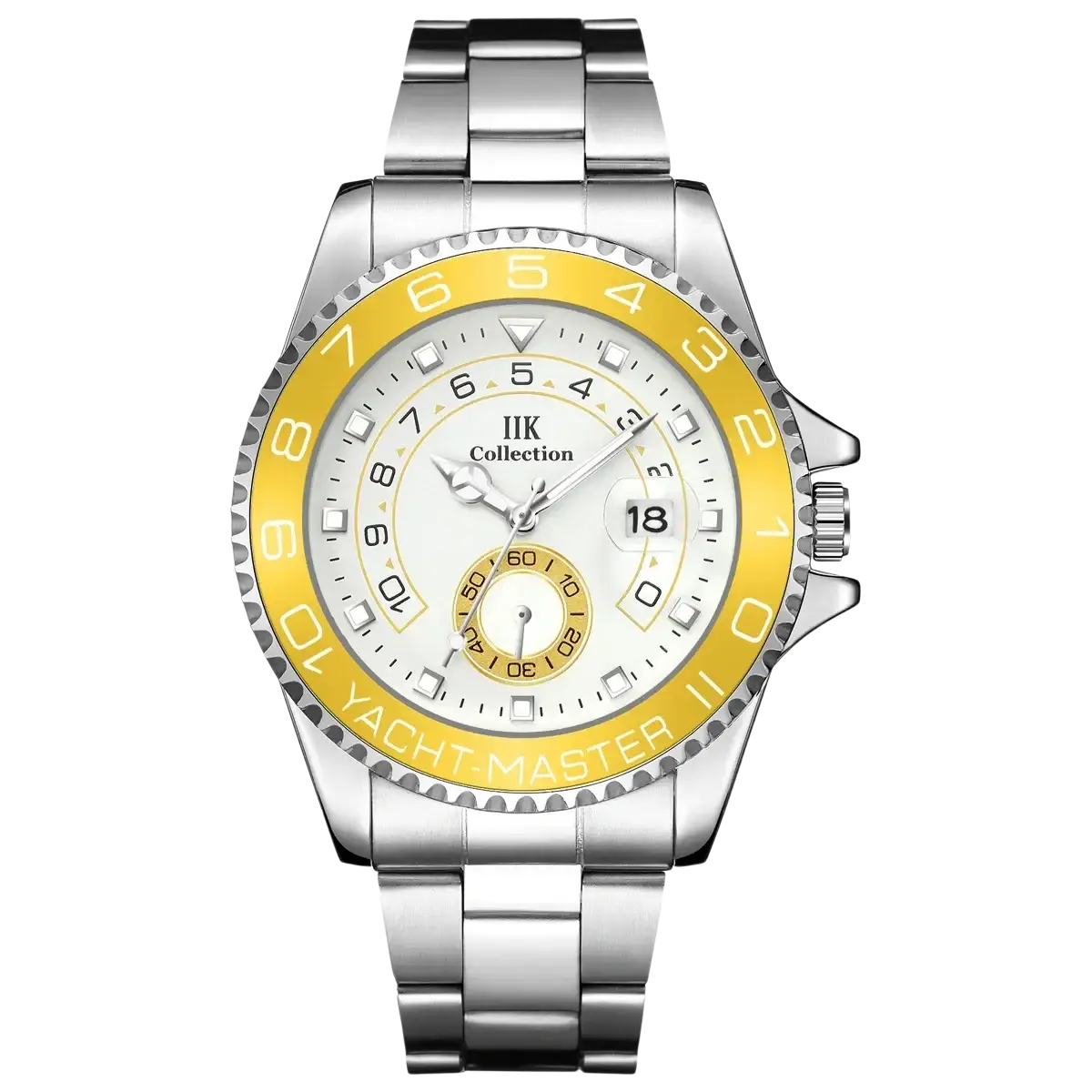 Men quartz steel watch silver yacht master sports wristwatch with silver tone, yellow bezel, white dial, black numerals, and subdials