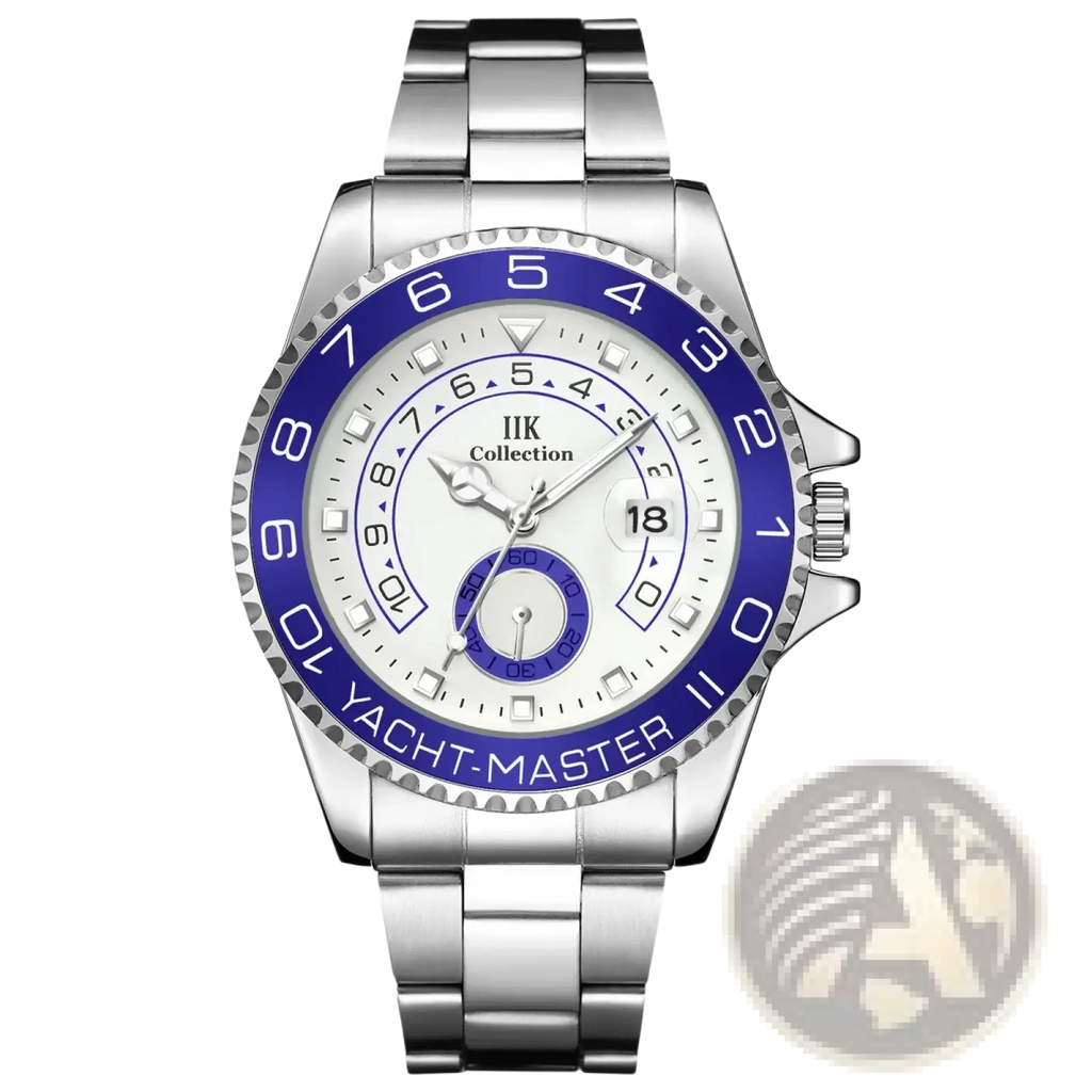 Men quartz steel watch with silver stainless steel, bold blue bezel, white dial yacht master model and iik collection branding