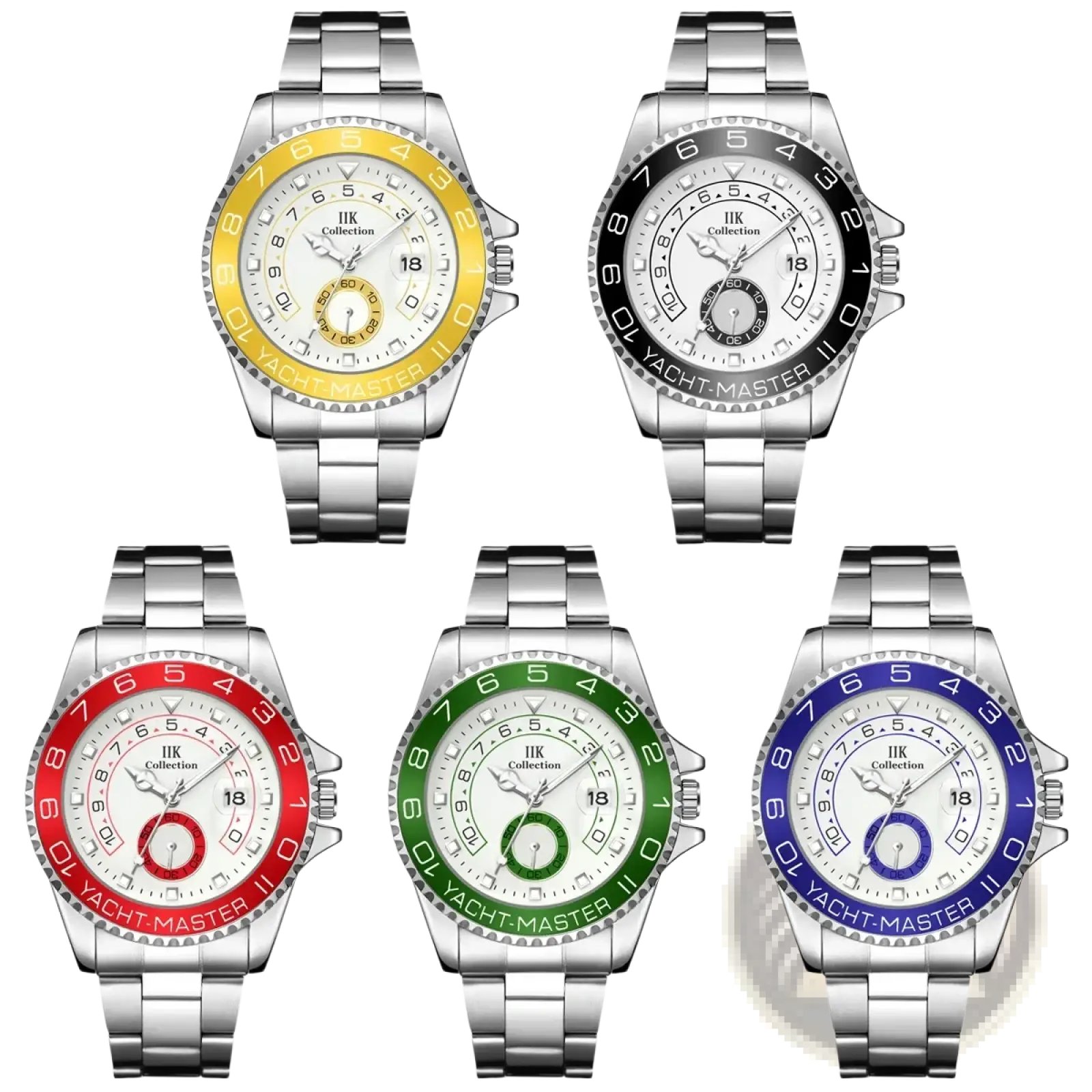 Men quartz steel yacht master sports wristwatches with silver stainless steel and colorful yellow black red green blue bezels