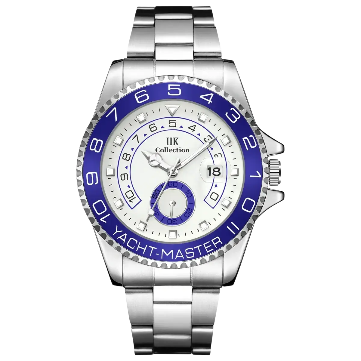 Men quartz steel watch silver yacht master with silver stainless steel case, blue bezel, white dial, black numerals and date display