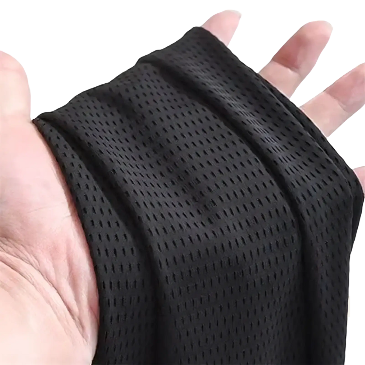 Black mesh fabric headband with breathable perforated texture paired with men quick dry athletic jogger pants