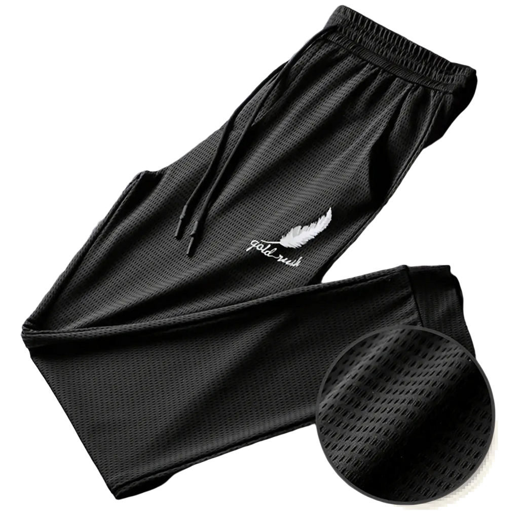 Men quick dry athletic jogger pants in black mesh featuring white feather and gold rush embroidery on the thigh